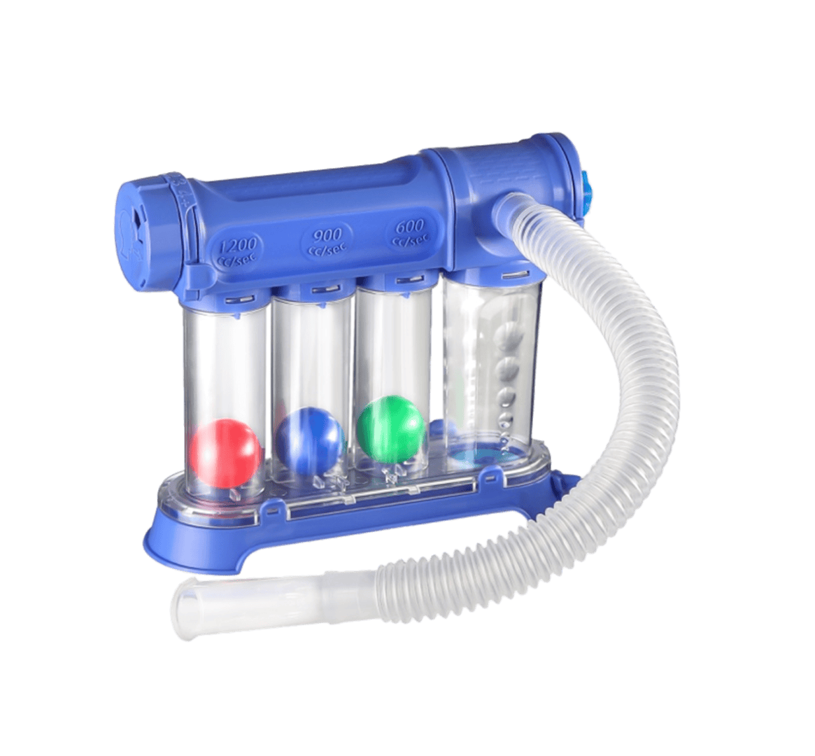 Blue incentive spirometer with three colored balls