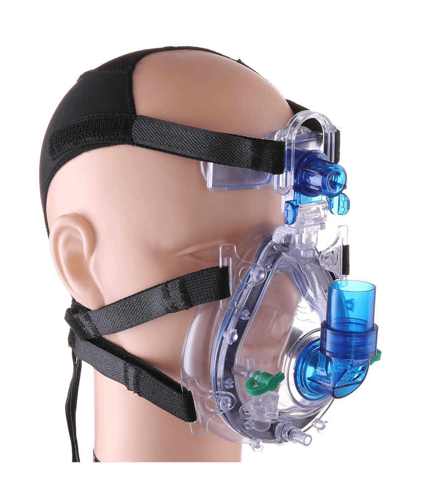 Mannequin wearing transparent CPAP full-face mask